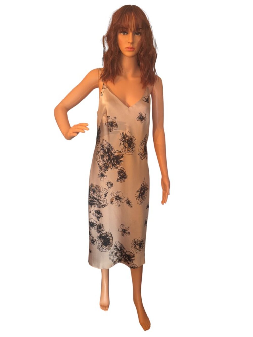 Satin Printed V-Neck Midi Downtown Cami Slip Dress Size Medium by Express